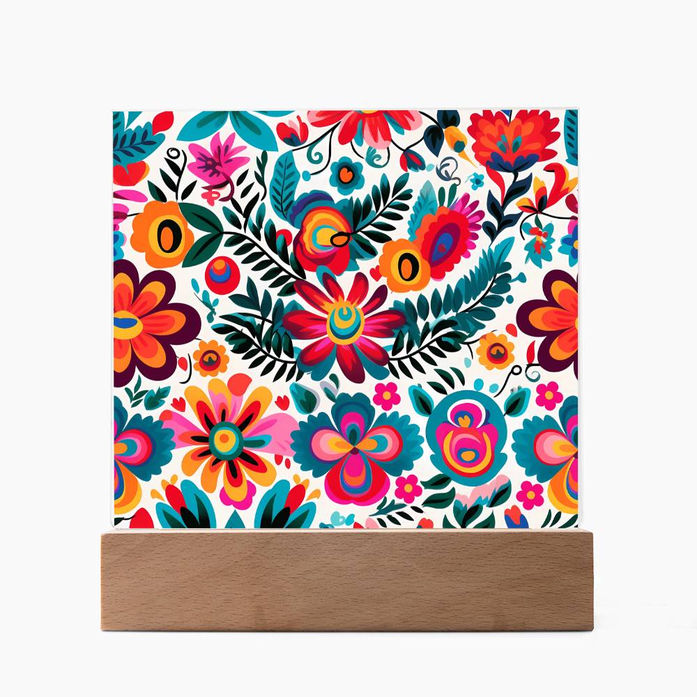 Mexican Floral Fiesta Pattern 051 - Square Acrylic Plaque With LED Base