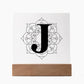 Magnolia Mandala Alphabet Letter J - Square Acrylic Plaque With LED Base