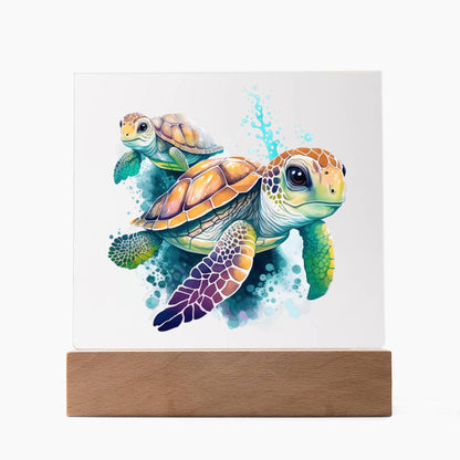 Cute Sea Turtle 011 - Square Acrylic Plaque With LED Base