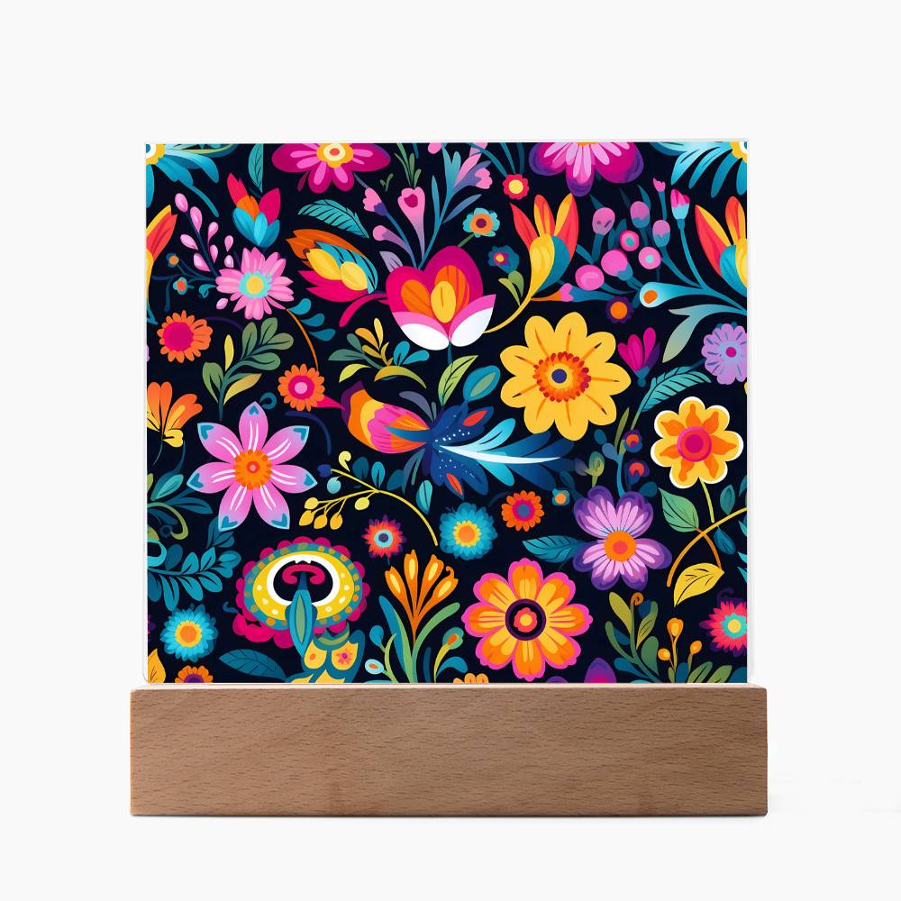 Mexican Floral Fiesta Pattern 055 - Square Acrylic Plaque With LED Base