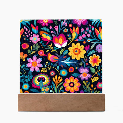 Mexican Floral Fiesta Pattern 055 - Square Acrylic Plaque With LED Base