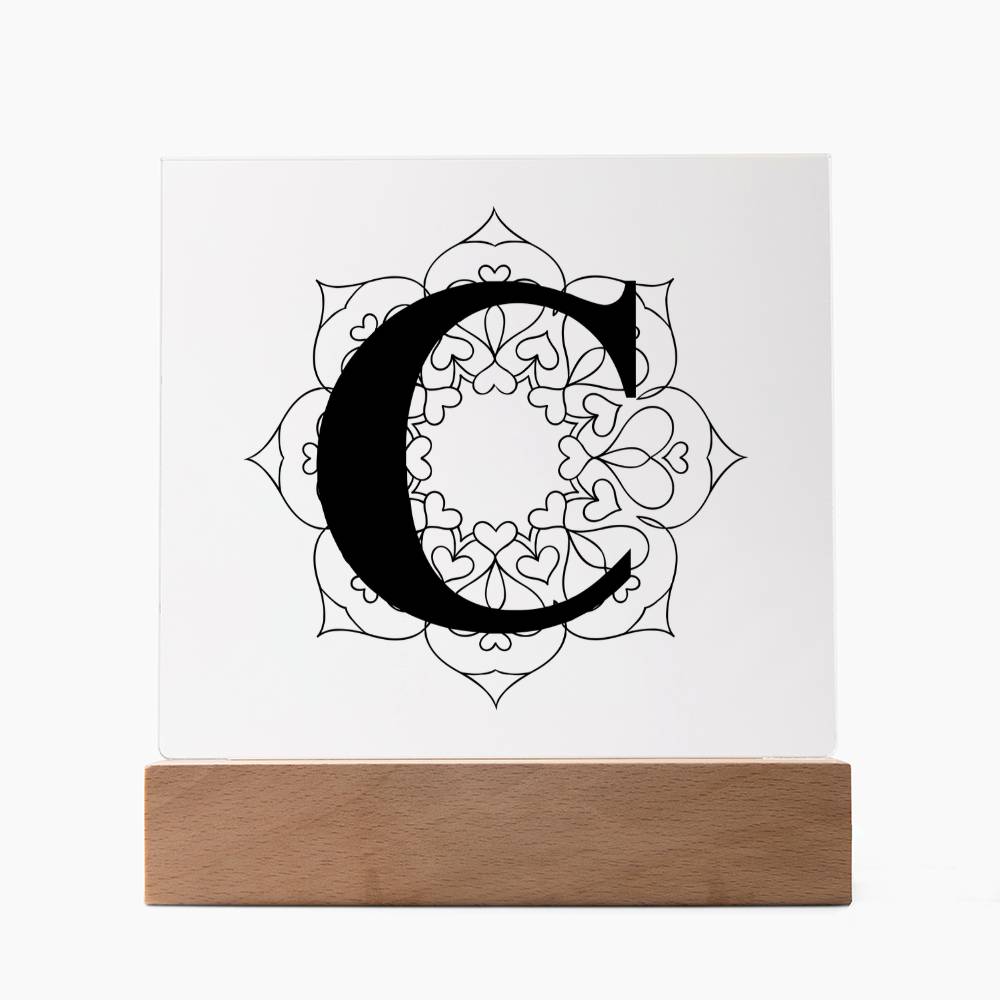 Magnolia Mandala Alphabet Letter C - Square Acrylic Plaque With LED Base
