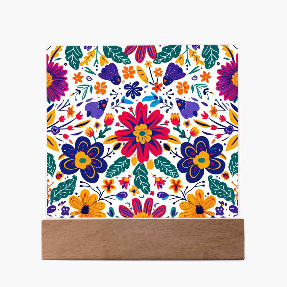 Mexican Floral Fiesta Pattern 067 - Square Acrylic Plaque With LED Base