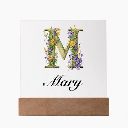 Mary (Lavender Flowers) - Square Acrylic Plaque With LED Base