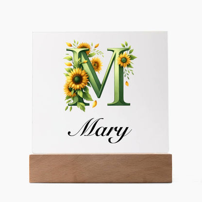 Mary (Sunflowers) - Square Acrylic Plaque With LED Base