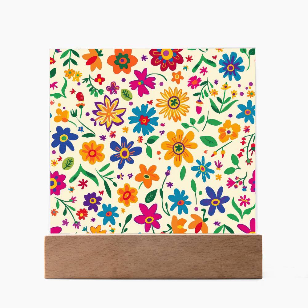 Mexican Floral Fiesta Pattern 005 - Square Acrylic Plaque With LED Base