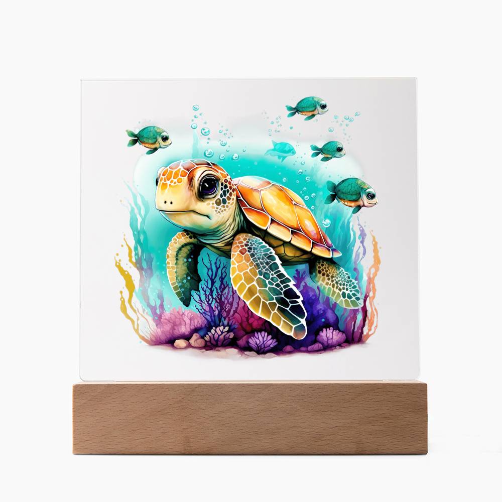 Cute Sea Turtle 002 - Square Acrylic Plaque With LED Base