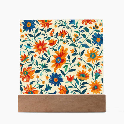Mexican Floral Fiesta Pattern 012 - Square Acrylic Plaque With LED Base