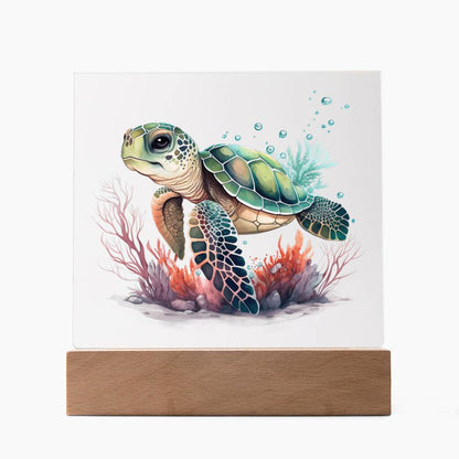 Cute Sea Turtle 013 - Square Acrylic Plaque With LED Base