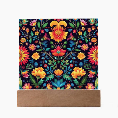 Mexican Floral Fiesta Pattern 063 - Square Acrylic Plaque With LED Base