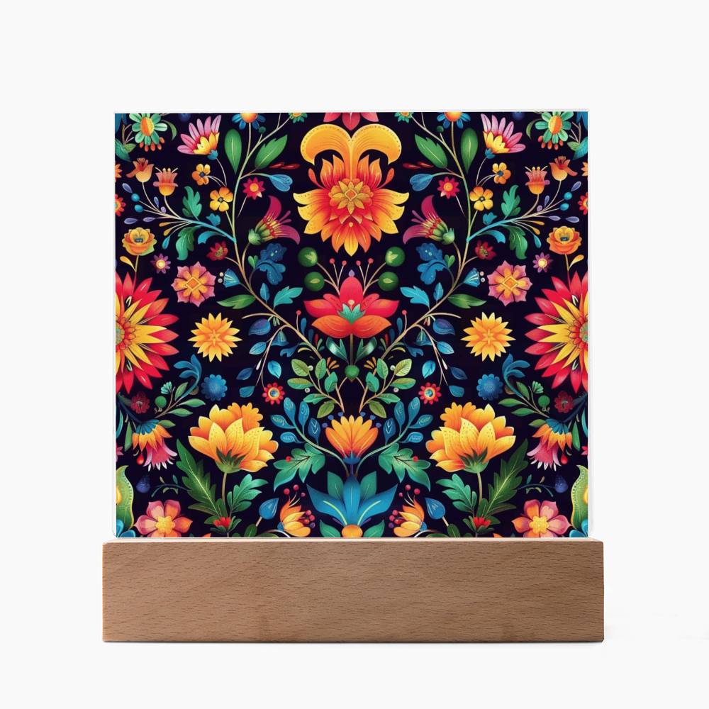 Mexican Floral Fiesta Pattern 063 - Square Acrylic Plaque With LED Base