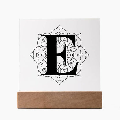Magnolia Mandala Alphabet Letter E - Square Acrylic Plaque With LED Base