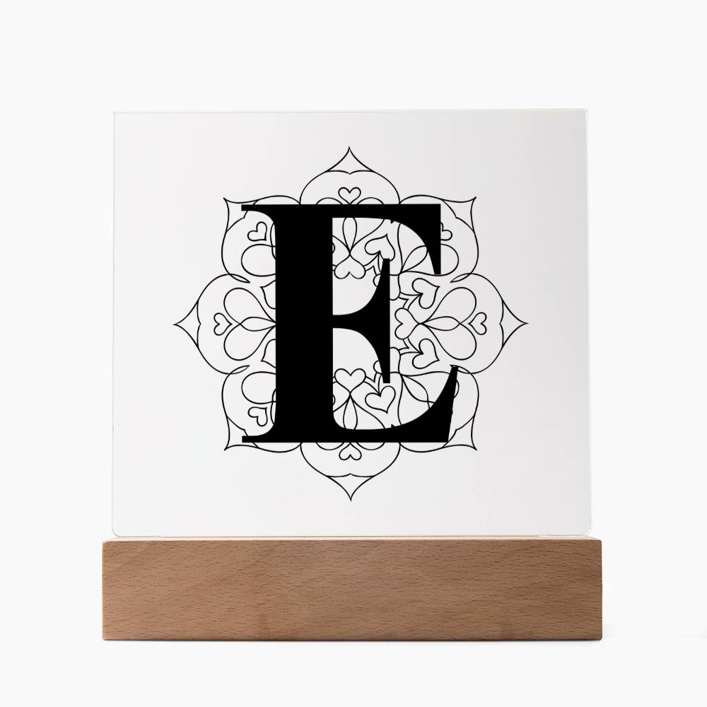 Magnolia Mandala Alphabet Letter E - Square Acrylic Plaque With LED Base