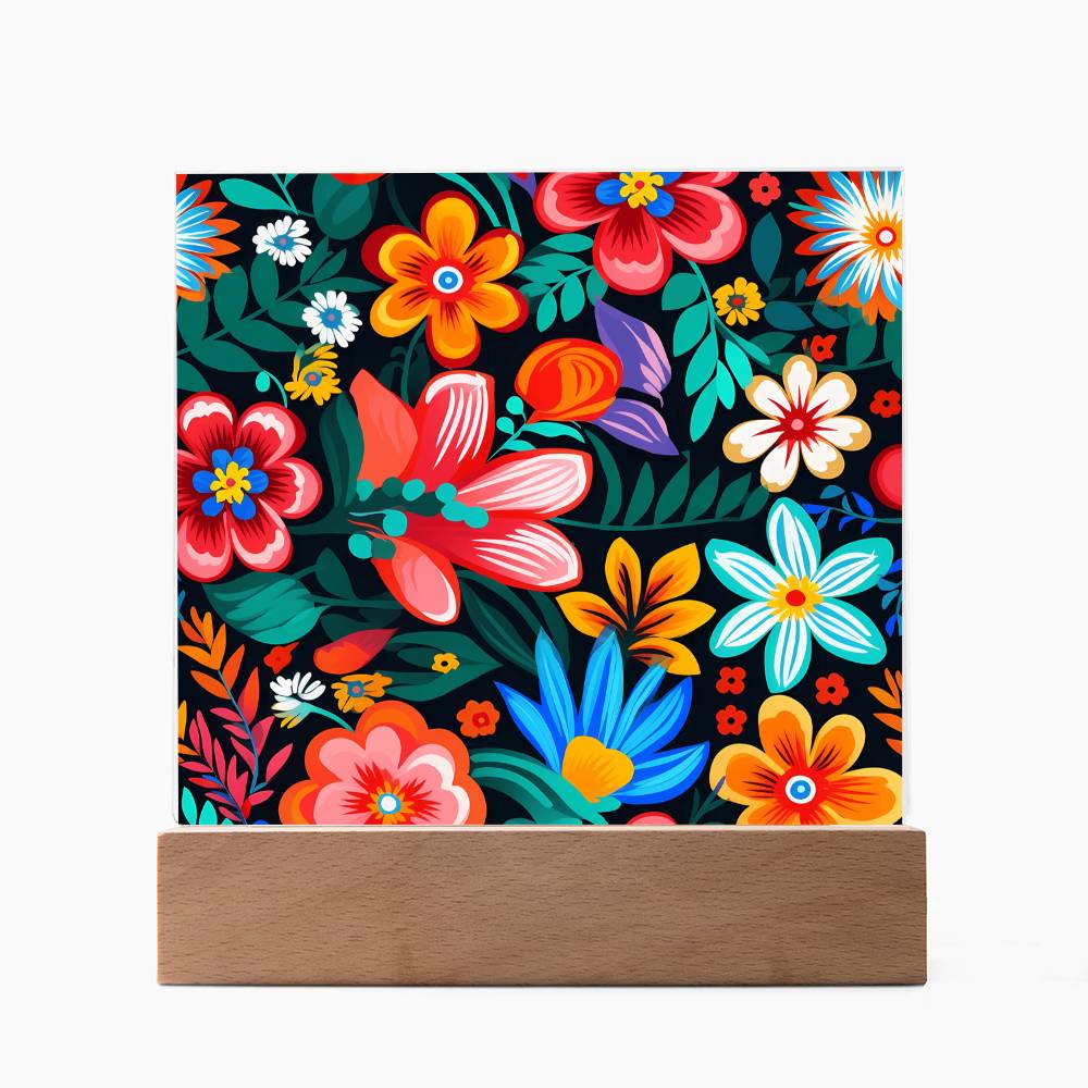 Mexican Floral Fiesta Pattern 054 - Square Acrylic Plaque With LED Base