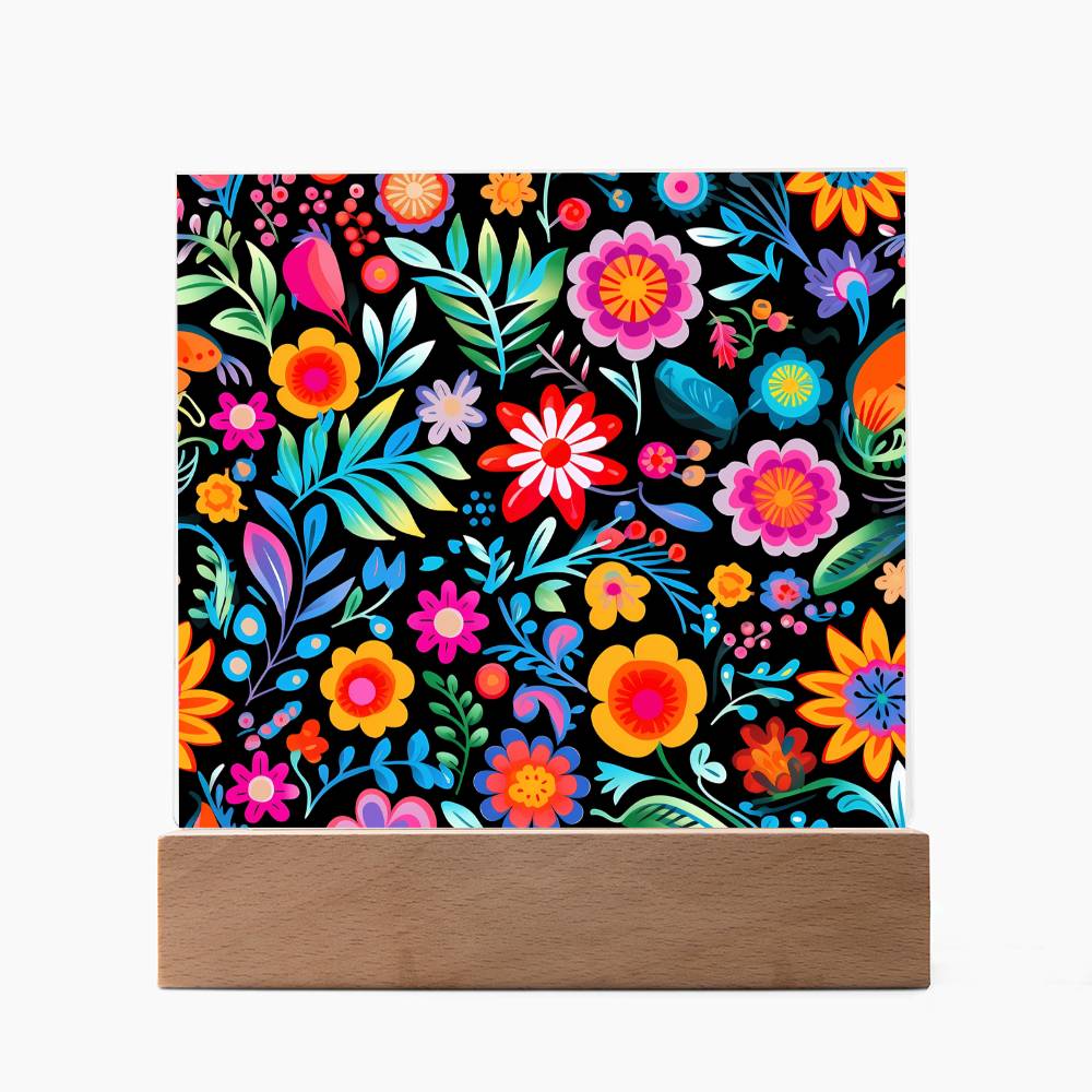 Mexican Floral Fiesta Pattern 060 - Square Acrylic Plaque With LED Base