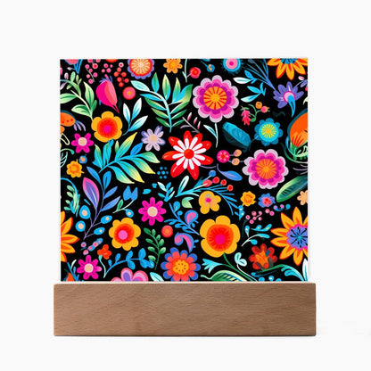Mexican Floral Fiesta Pattern 060 - Square Acrylic Plaque With LED Base