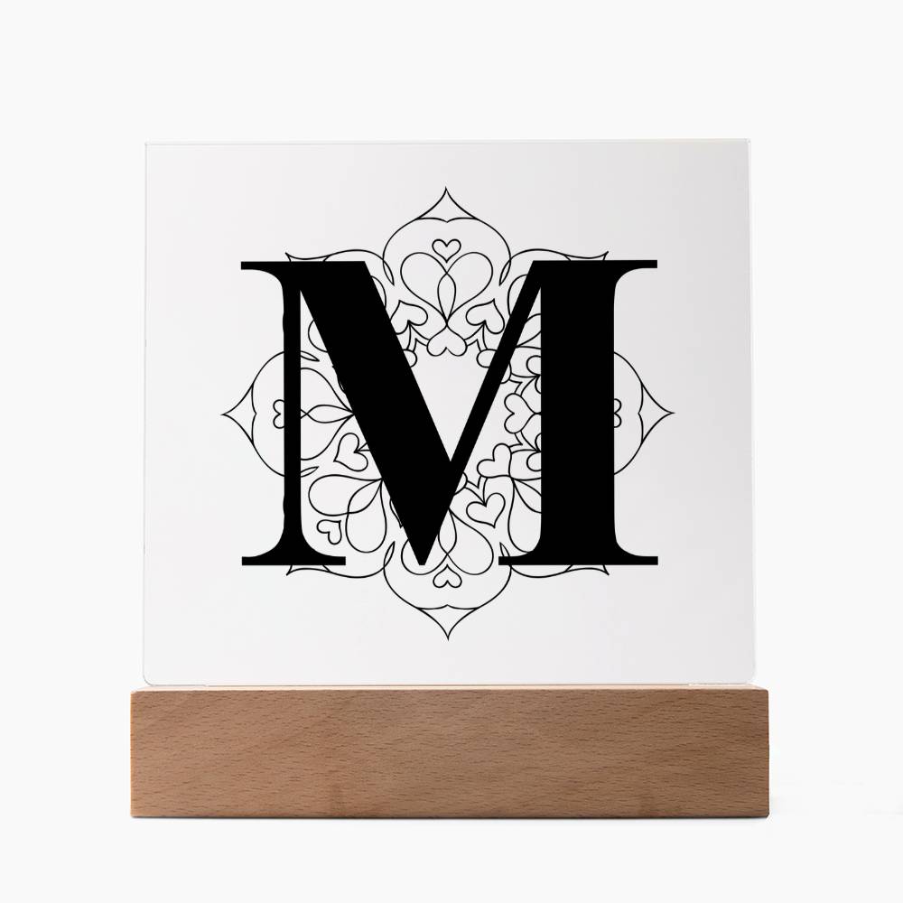 Magnolia Mandala Alphabet Letter M - Square Acrylic Plaque With LED Base