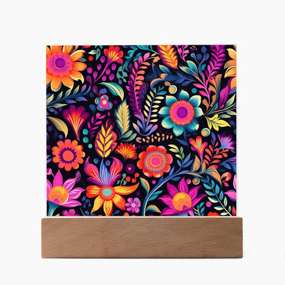 Mexican Floral Fiesta Pattern 059 - Square Acrylic Plaque With LED Base