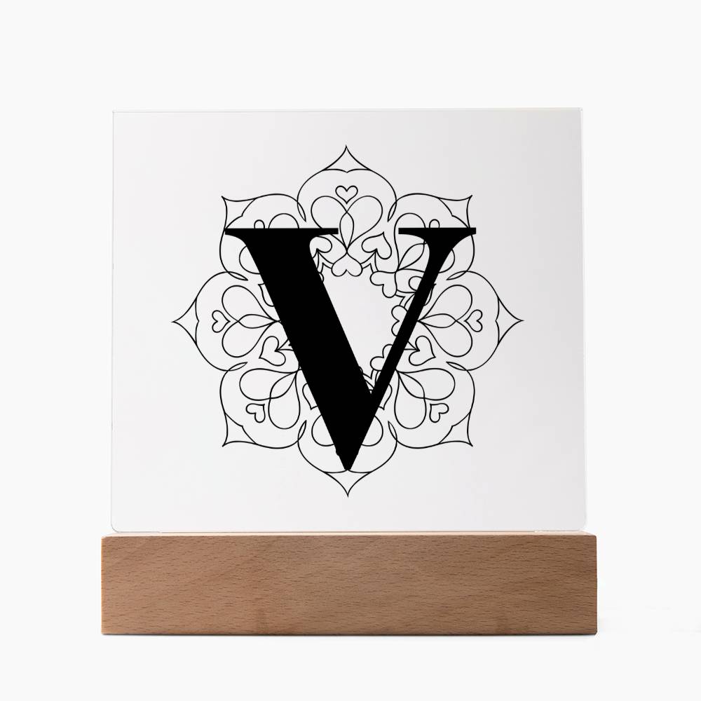 Magnolia Mandala Alphabet Letter V - Square Acrylic Plaque With LED Base