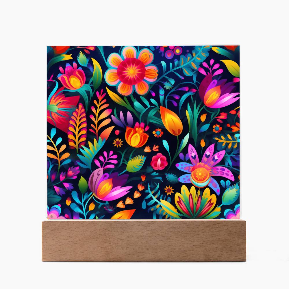 Mexican Floral Fiesta Pattern 056 - Square Acrylic Plaque With LED Base