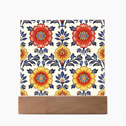 Mexican Floral Fiesta Pattern 044 - Square Acrylic Plaque With LED Base