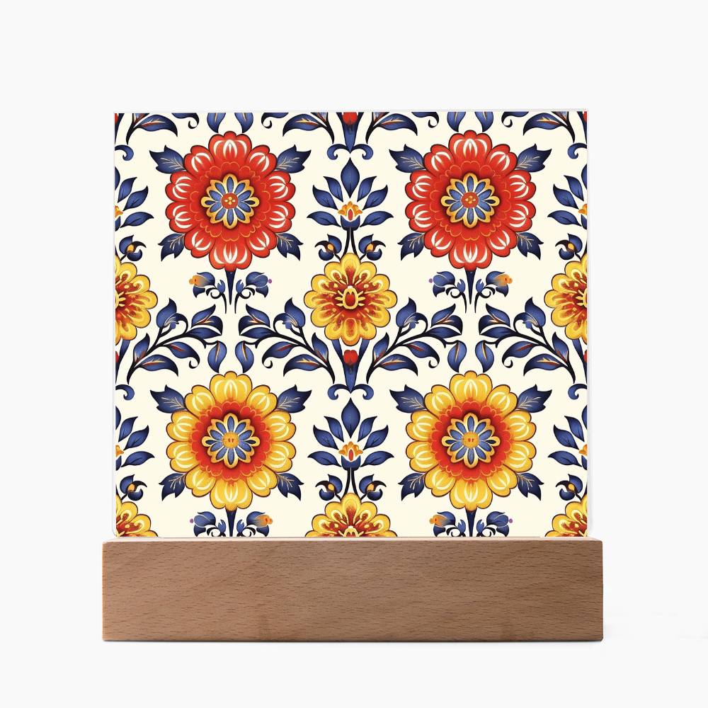 Mexican Floral Fiesta Pattern 044 - Square Acrylic Plaque With LED Base