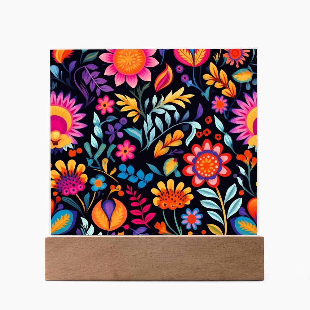 Mexican Floral Fiesta Pattern 058 - Square Acrylic Plaque With LED Base