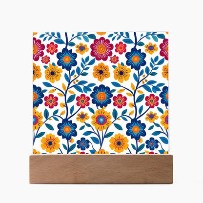 Mexican Floral Fiesta Pattern 002 - Square Acrylic Plaque With LED Base