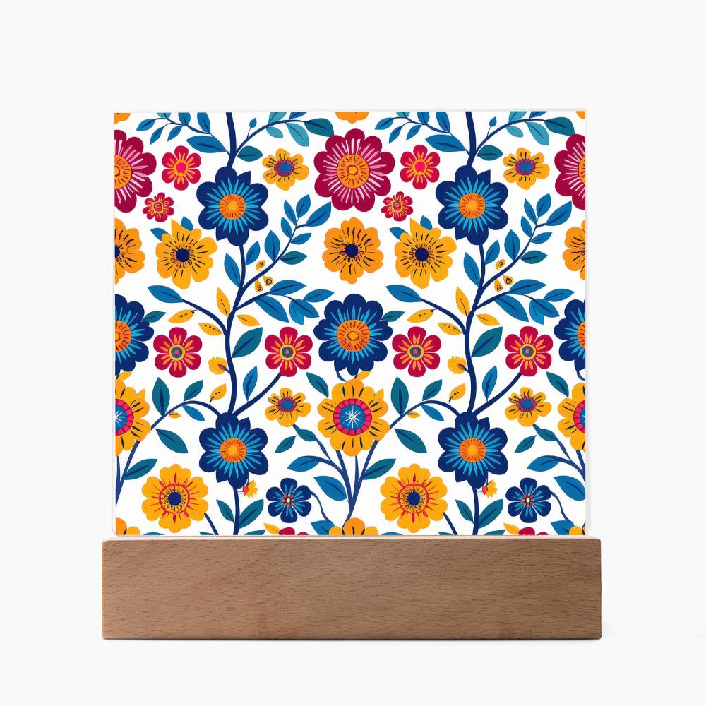Mexican Floral Fiesta Pattern 002 - Square Acrylic Plaque With LED Base