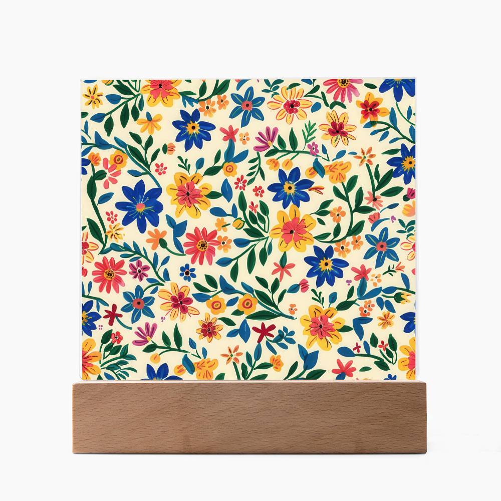 Mexican Floral Fiesta Pattern 006 - Square Acrylic Plaque With LED Base