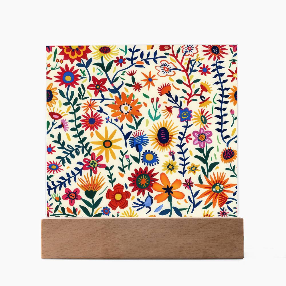 Mexican Floral Fiesta Pattern 011 - Square Acrylic Plaque With LED Base
