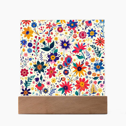 Mexican Floral Fiesta Pattern 062 - Square Acrylic Plaque With LED Base