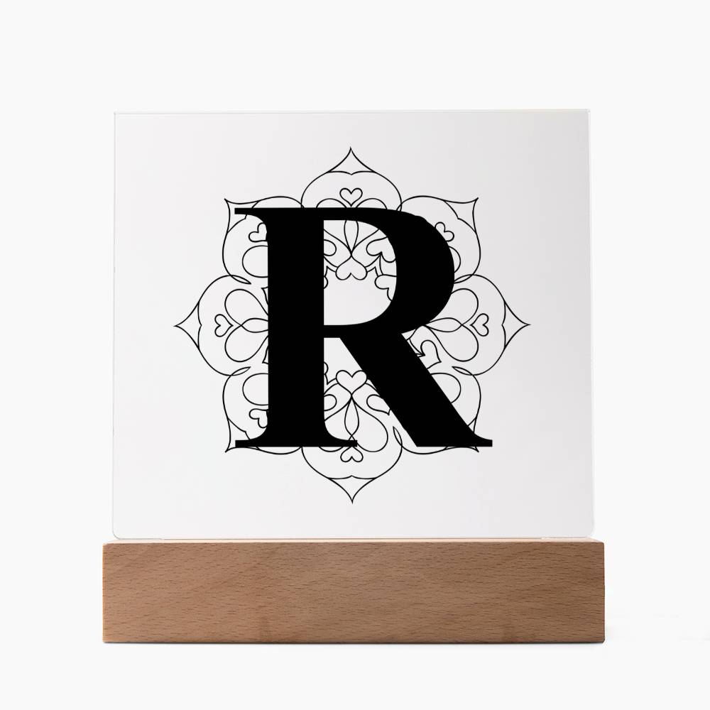 Magnolia Mandala Alphabet Letter R - Square Acrylic Plaque With LED Base