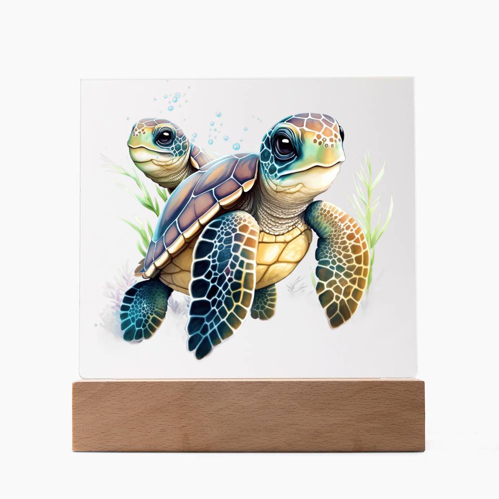 Cute Sea Turtle 010 - Square Acrylic Plaque With LED Base