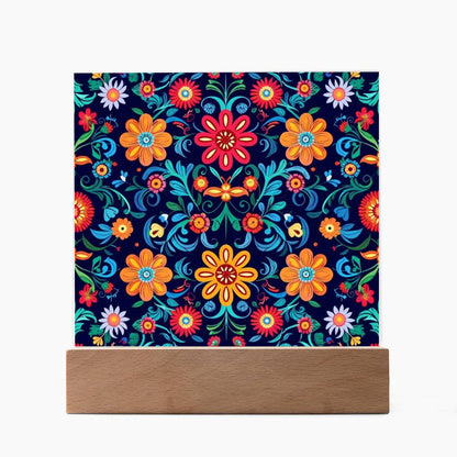 Mexican Floral Fiesta Pattern 071 - Square Acrylic Plaque With LED Base