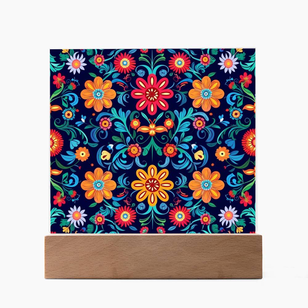 Mexican Floral Fiesta Pattern 071 - Square Acrylic Plaque With LED Base