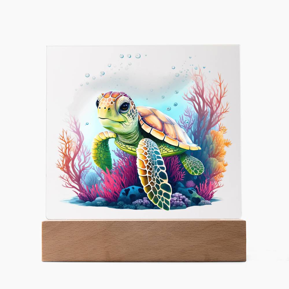 Cute Sea Turtle 006 - Square Acrylic Plaque With LED Base