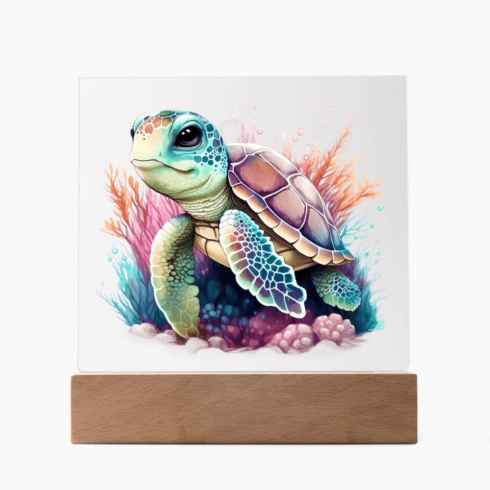 Cute Sea Turtle 012 - Square Acrylic Plaque With LED Base