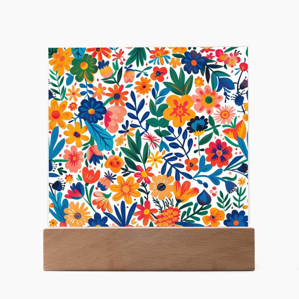 Mexican Floral Fiesta Pattern 010 - Square Acrylic Plaque With LED Base