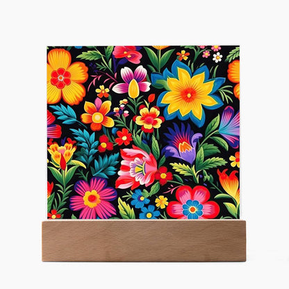 Mexican Floral Fiesta Pattern 030 - Square Acrylic Plaque With LED Base