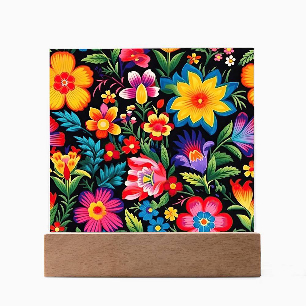 Mexican Floral Fiesta Pattern 030 - Square Acrylic Plaque With LED Base