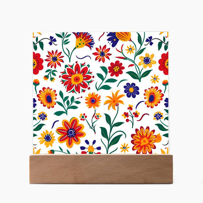 Mexican Floral Fiesta Pattern 024 - Square Acrylic Plaque With LED Base