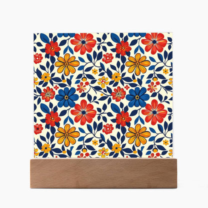 Mexican Floral Fiesta Pattern 042 - Square Acrylic Plaque With LED Base