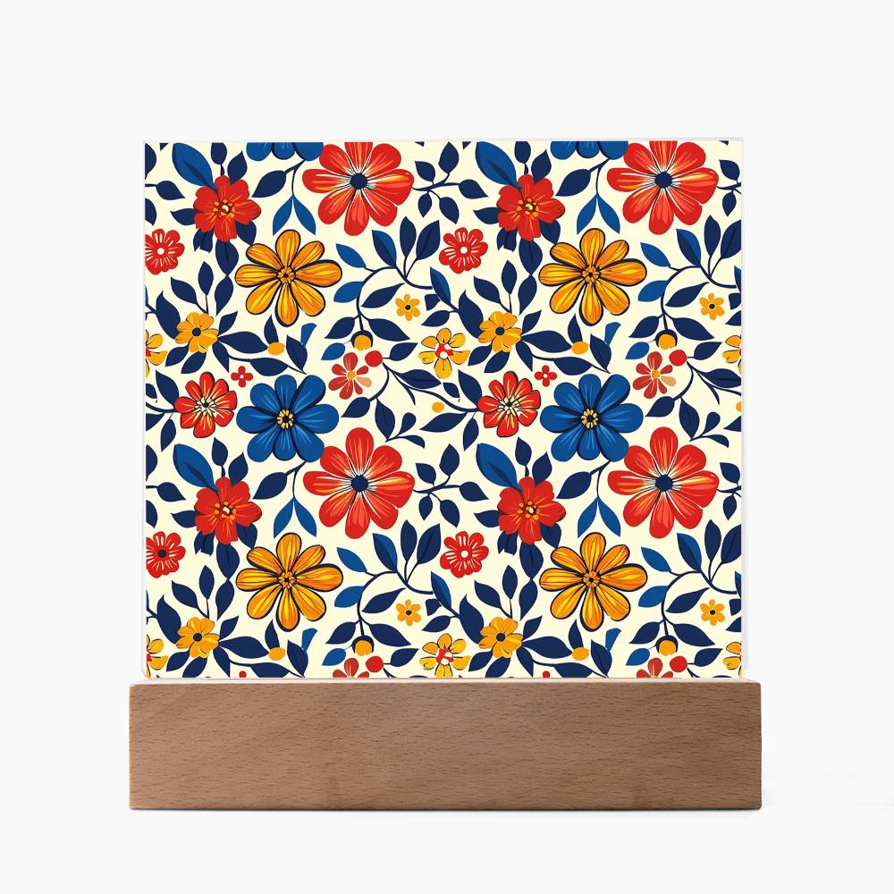 Mexican Floral Fiesta Pattern 042 - Square Acrylic Plaque With LED Base