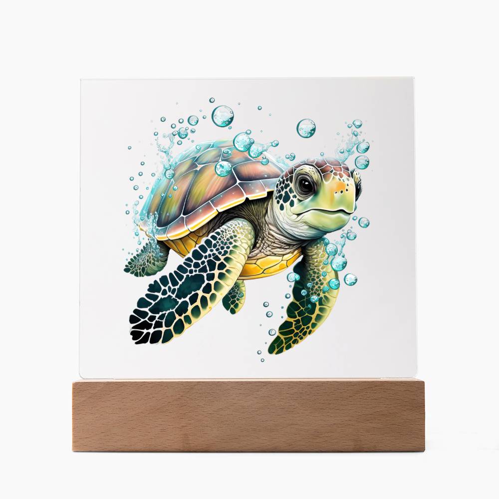 Cute Sea Turtle 004 - Square Acrylic Plaque With LED Base