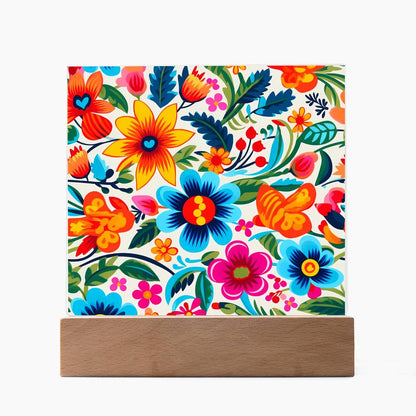 Mexican Floral Fiesta Pattern 050 - Square Acrylic Plaque With LED Base