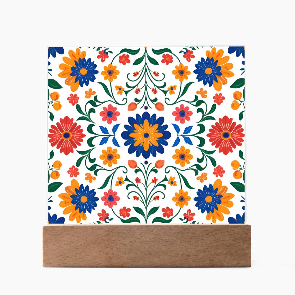 Mexican Floral Fiesta Pattern 016 - Square Acrylic Plaque With LED Base