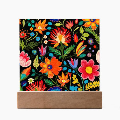 Mexican Floral Fiesta Pattern 039 - Square Acrylic Plaque With LED Base