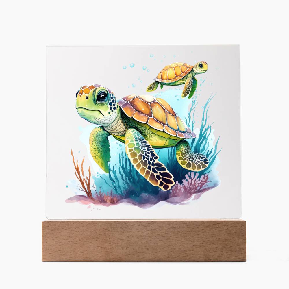 Cute Sea Turtle 008 - Square Acrylic Plaque With LED Base
