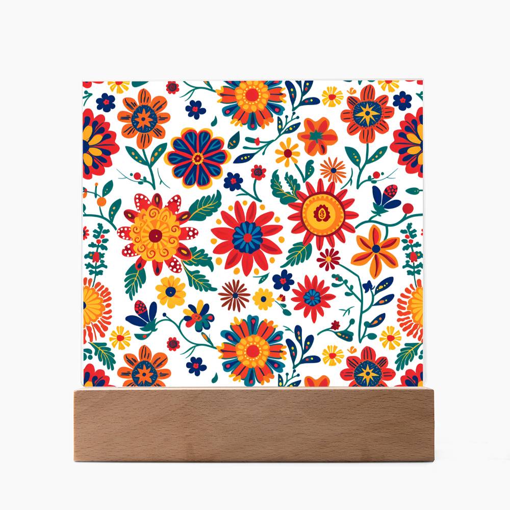 Mexican Floral Fiesta Pattern 026 - Square Acrylic Plaque With LED Base